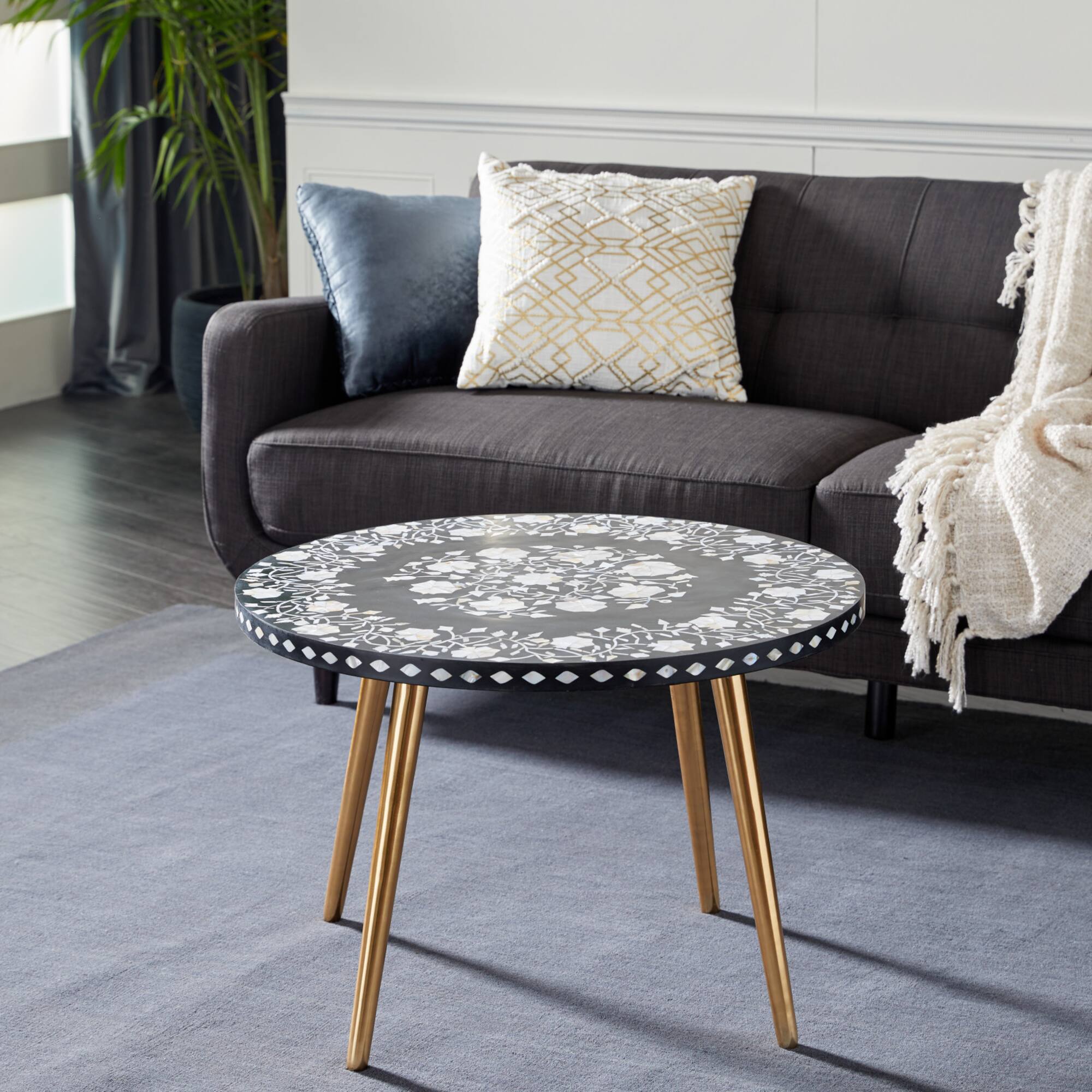 30" Gold Aluminum & Wood Eclectic Coffee Table